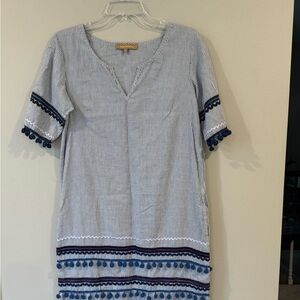 Striped Midi Dress with Navy Pom-Pom Trim